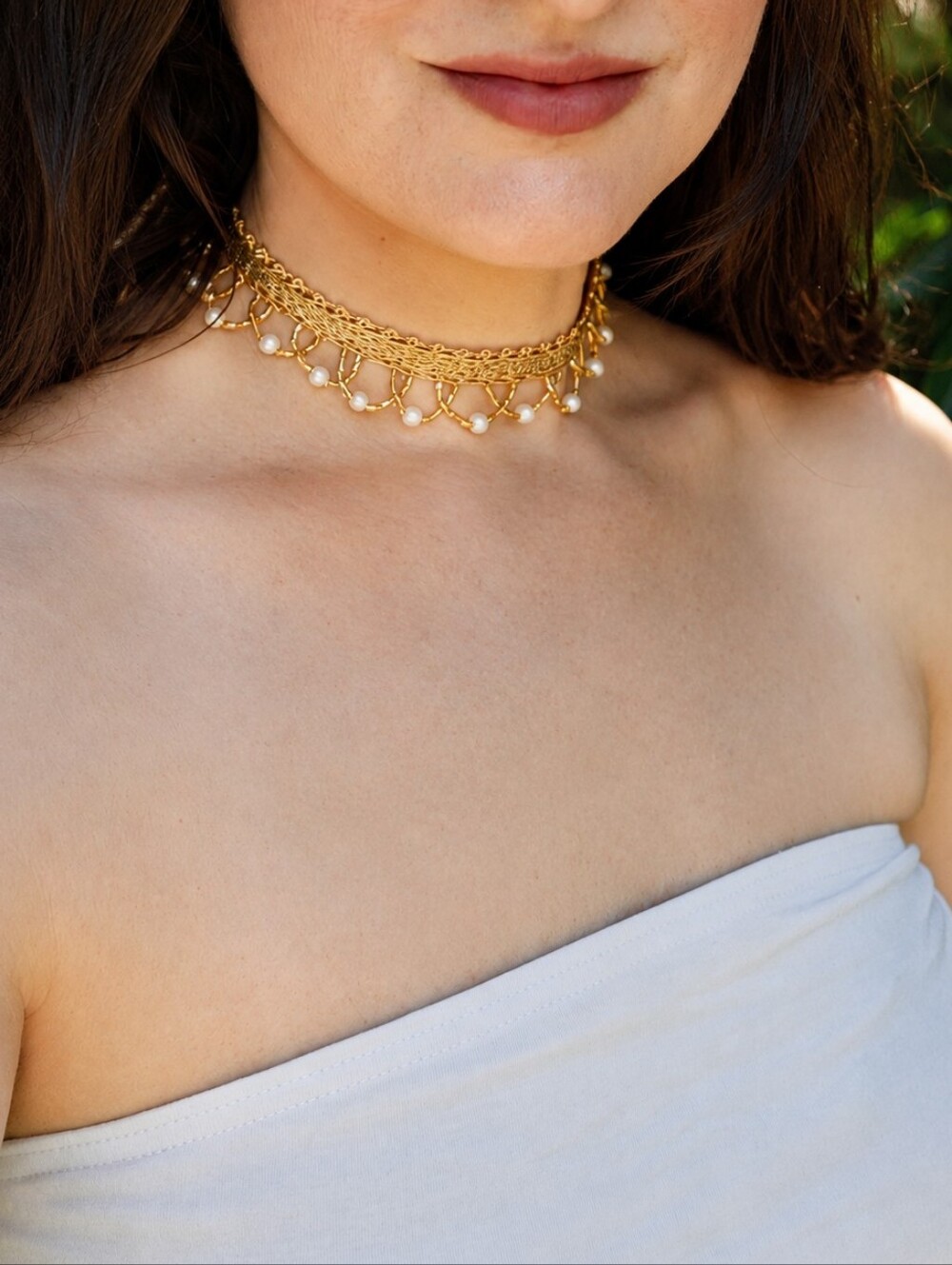 Handmade Gold Pearl Fringe Boho Choker Statement Necklace - Women Jewelry
